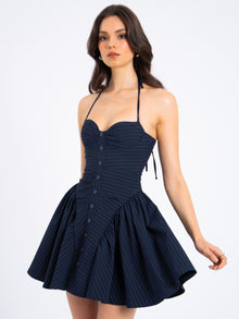 Melody Pinstripe Halter Drop Waist Mini Dress | Navy Blue