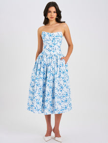 Paloma Print Linen Corset Draping Top Midi Dress | Blue