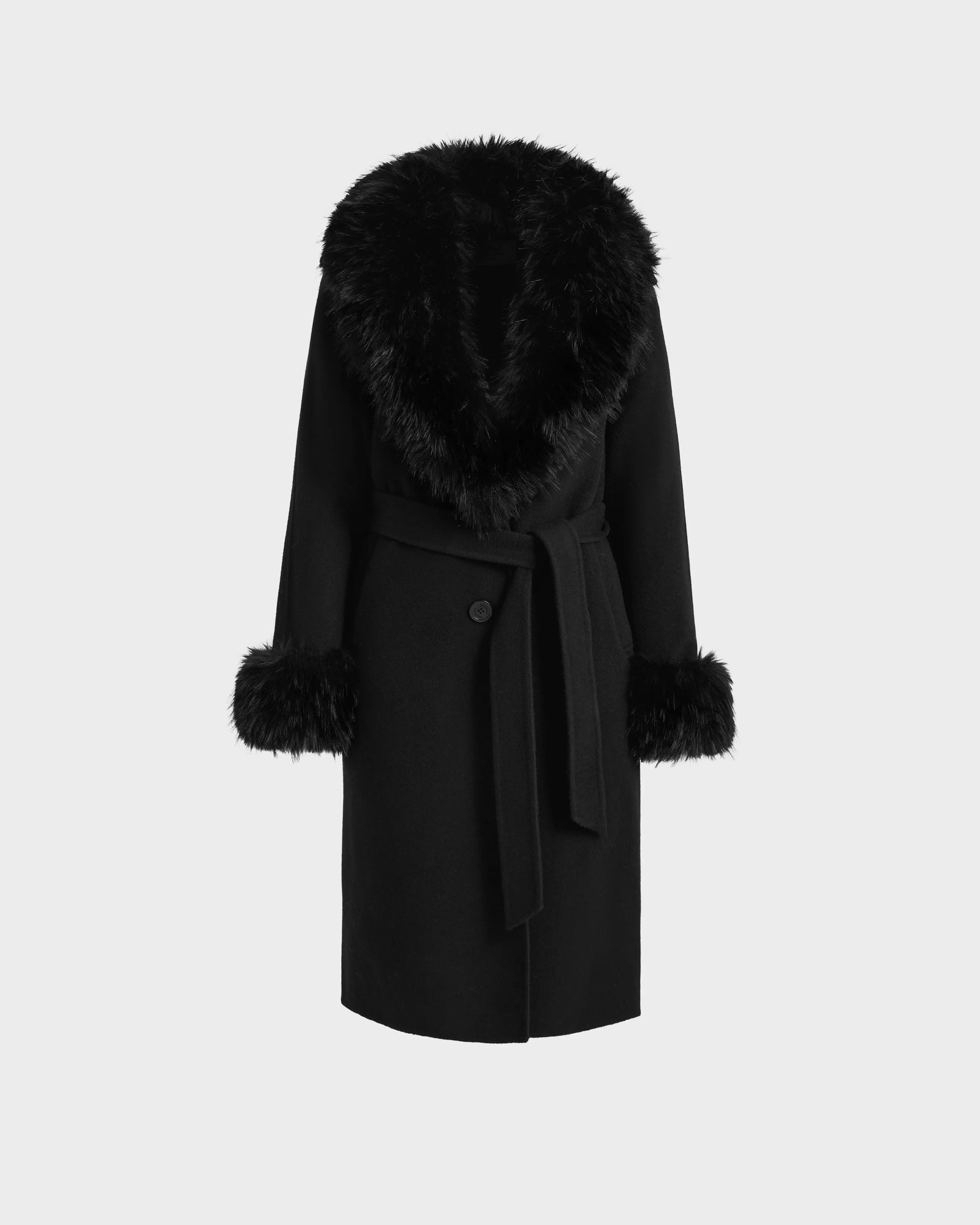 The Rudsak ARTIS - L125575 Black is a long women’s wool coat featuring a wide, fluffy faux fur collar and cuffs, belted waist, and button closure, shown against a plain light background.