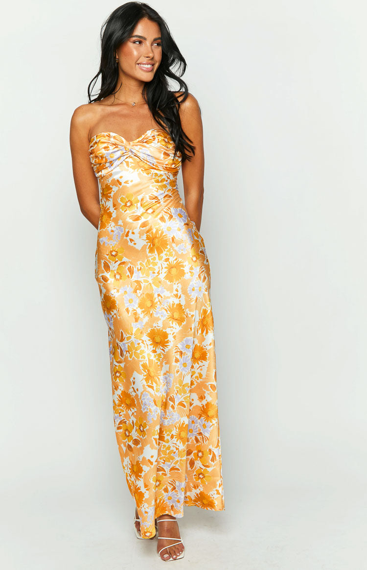 orange dress with white flowers Ashley Floral Formal Maxi Dress