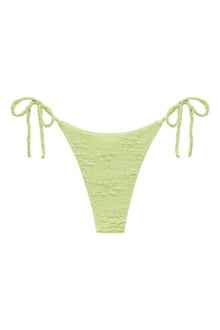 Lime green textured bikini bottom with tie-up side straps and high-cut design.