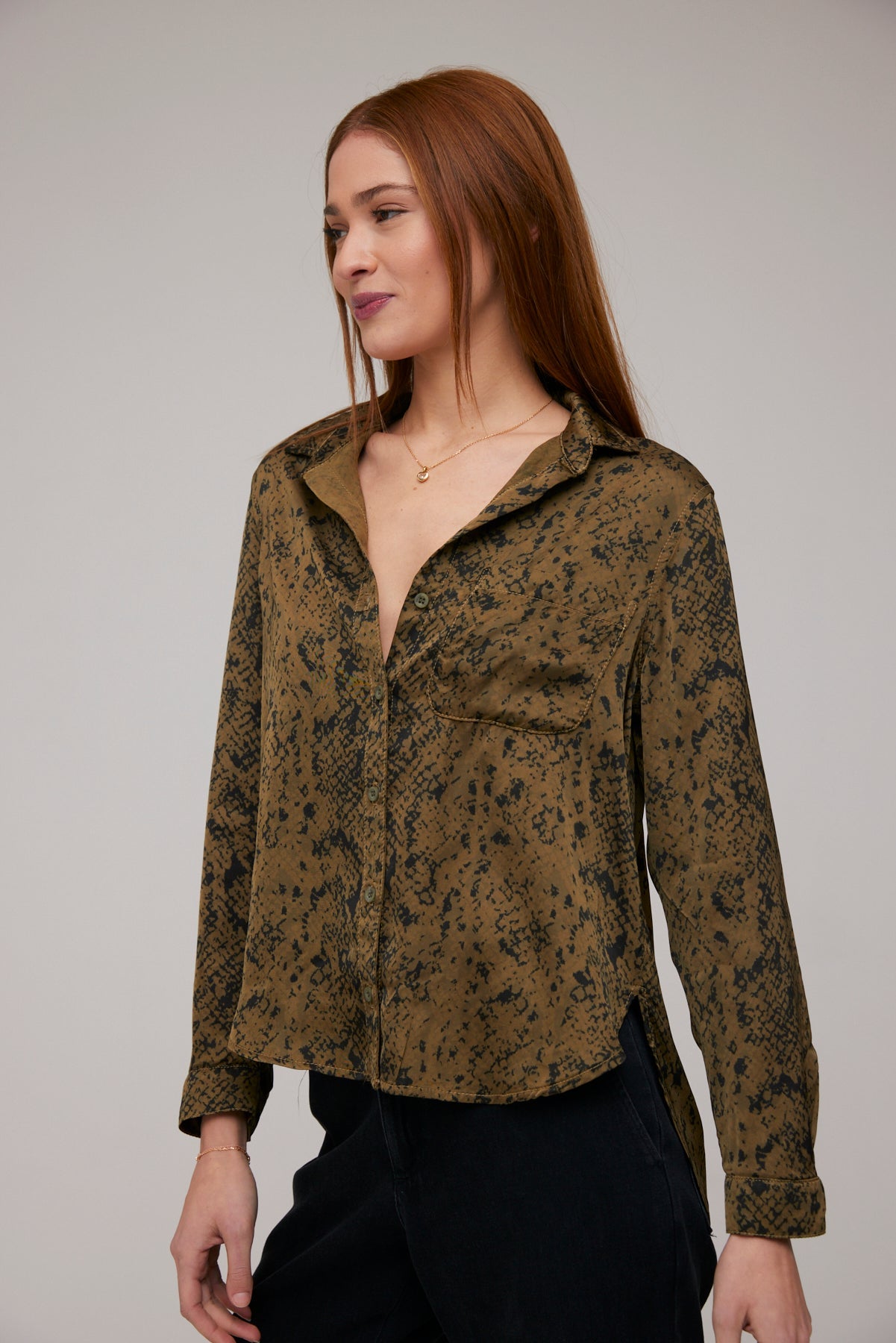 Long Sleeve Rounded Hem Button Down - Olive Snake Print