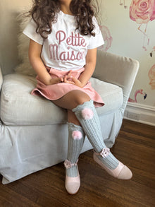 Knee High Socks with Poms Pom | Grey & Pink