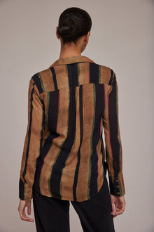 Hidden Placket Button Down - Golden Stripes Print