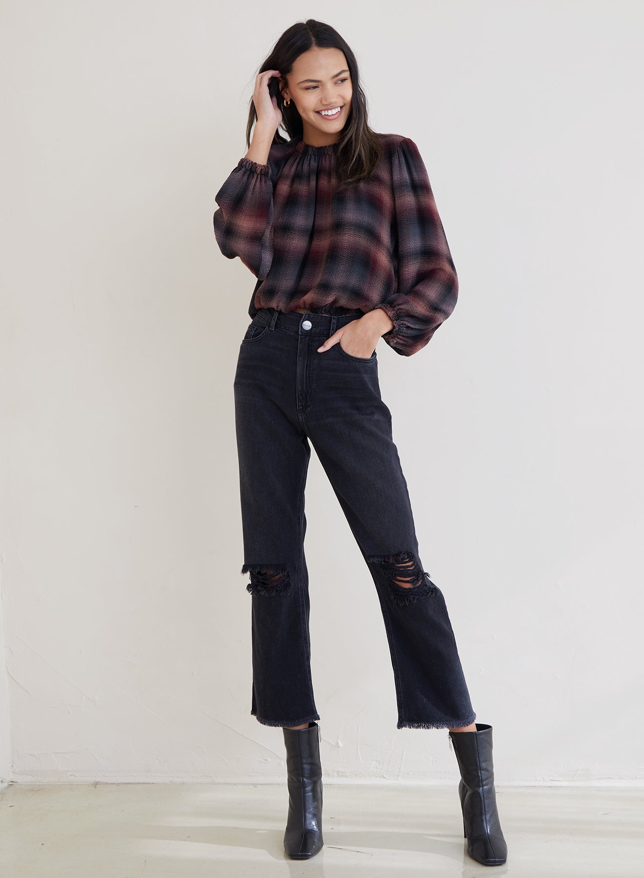 Long Sleeve Smocked Neck Pullover  - Canyon Pucker Plaid