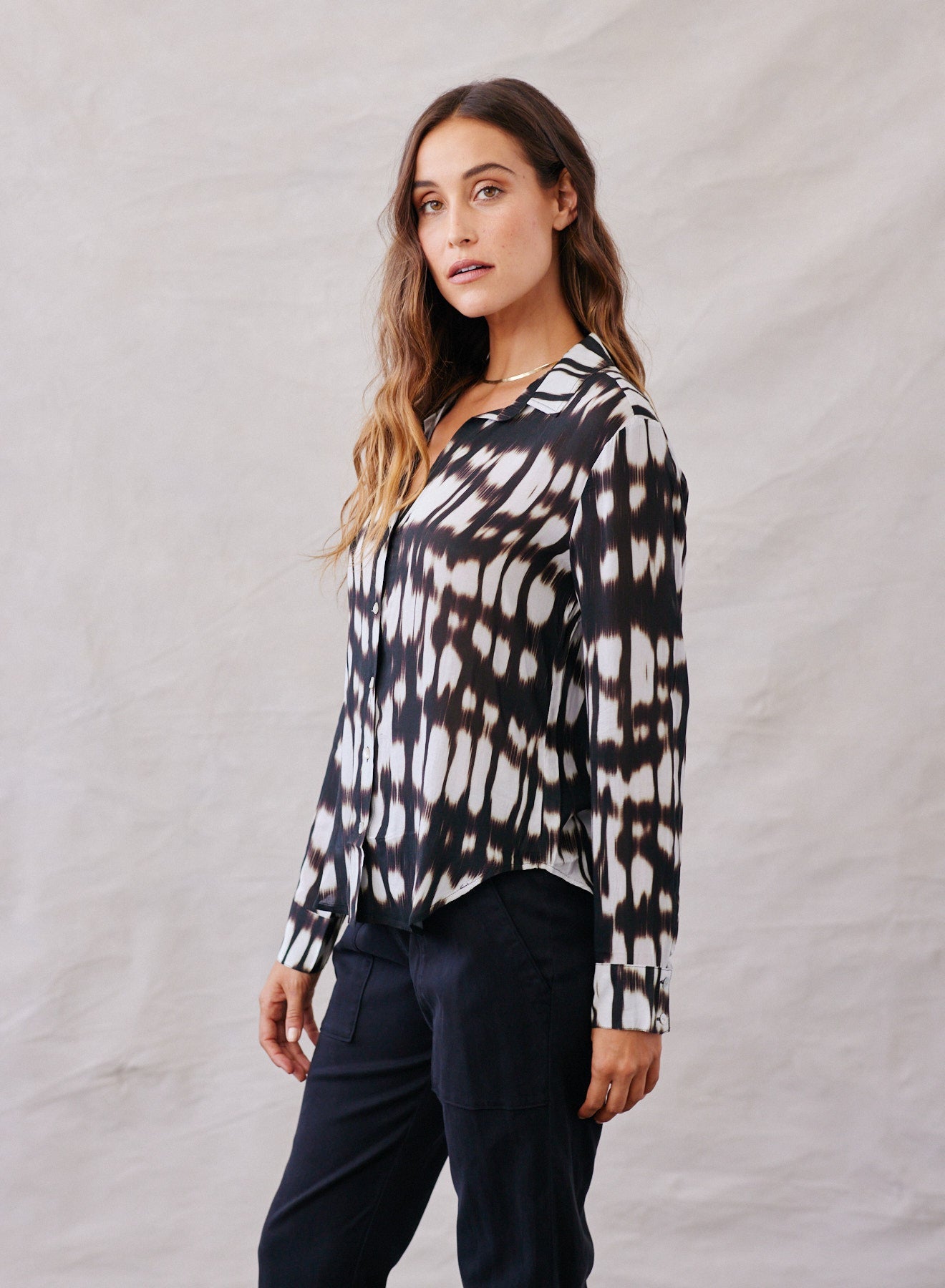 Classic Flowy Button Down - Blurred Ikat Print