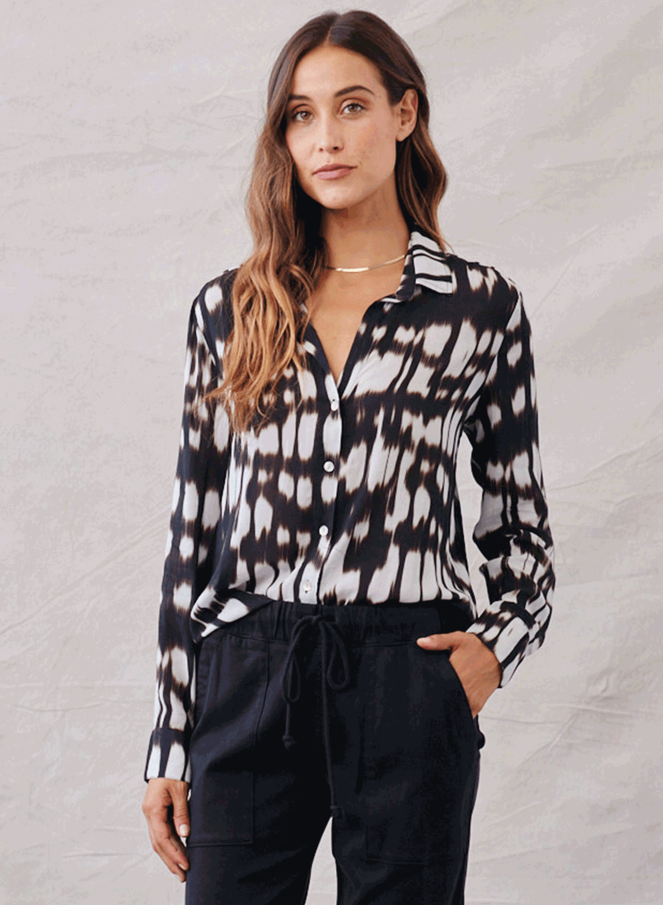 Classic Flowy Button Down - Blurred Ikat Print