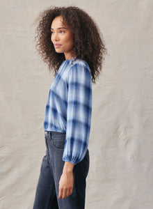 Elastic Shirred Top - Indigo Heather Plaid