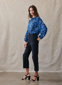 Elastic Shirred Top - Cobalt Floral Print