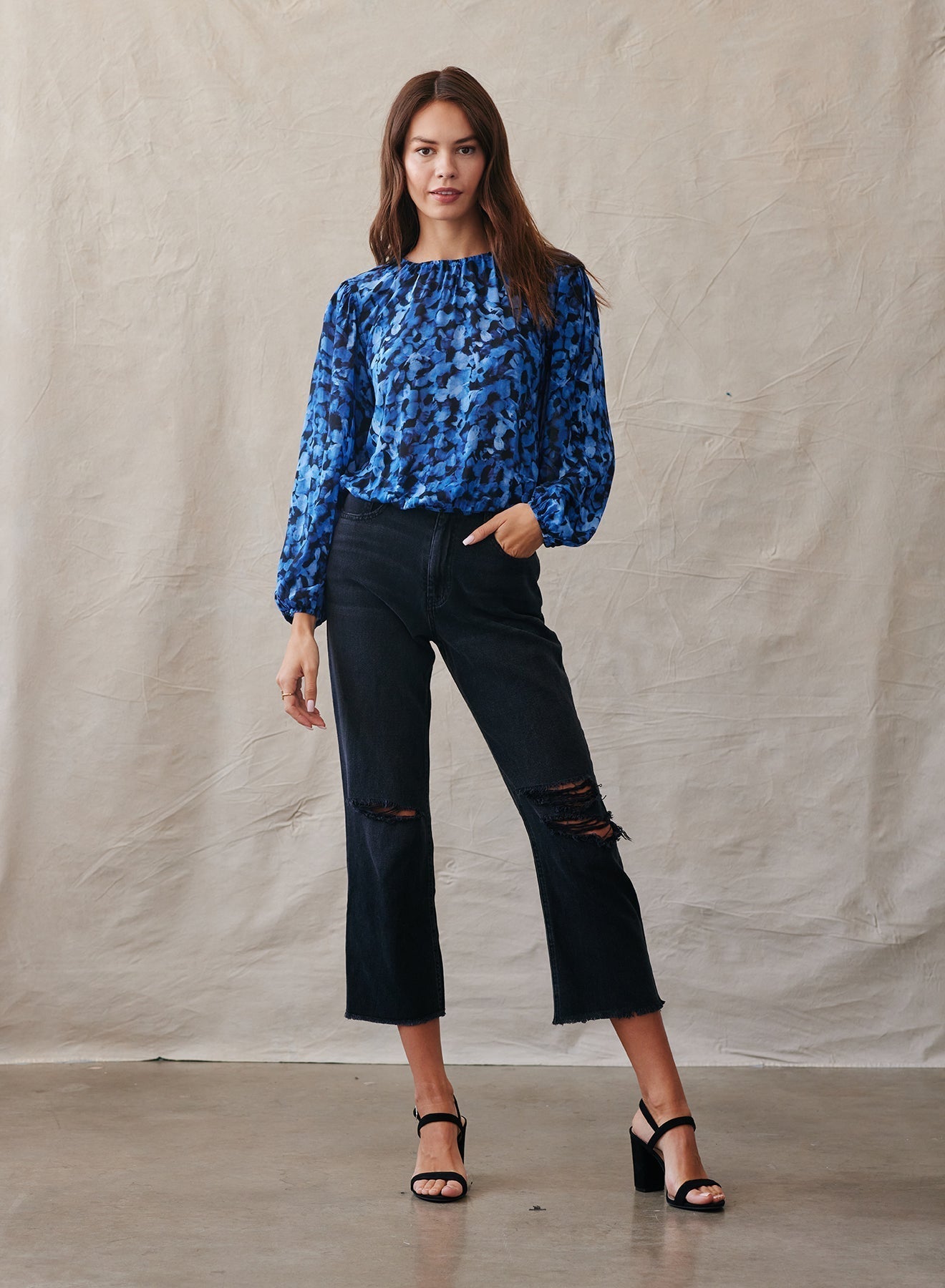 Elastic Shirred Top - Cobalt Floral Print