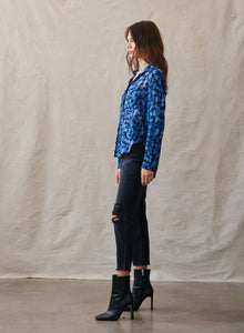 Full Button Down Hipster Shirt - Cobalt Floral Print