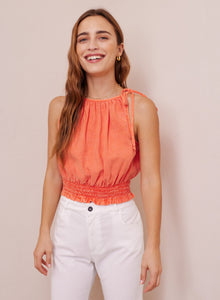 Smocked Waist Tie Neck Top | Mandarin Orange