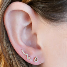 14K yellow Full Pavé Small Ripple Climber Earring on an ear styled with the ripple studs with full pavé