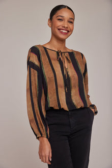 Tie Up Pullover Top - Golden Stripes Print