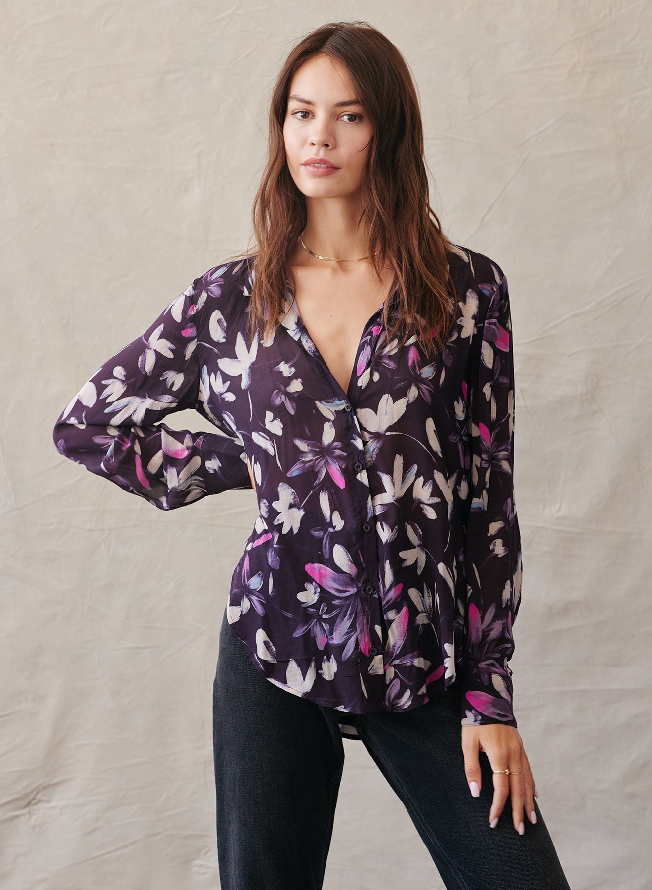 Long Sleeve Clean Shirt - Floral Plum Print