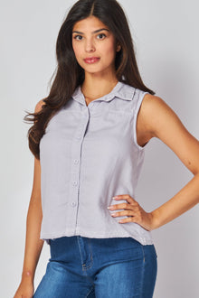 Sleeveless Release Hem Button Down | Cool Lilac