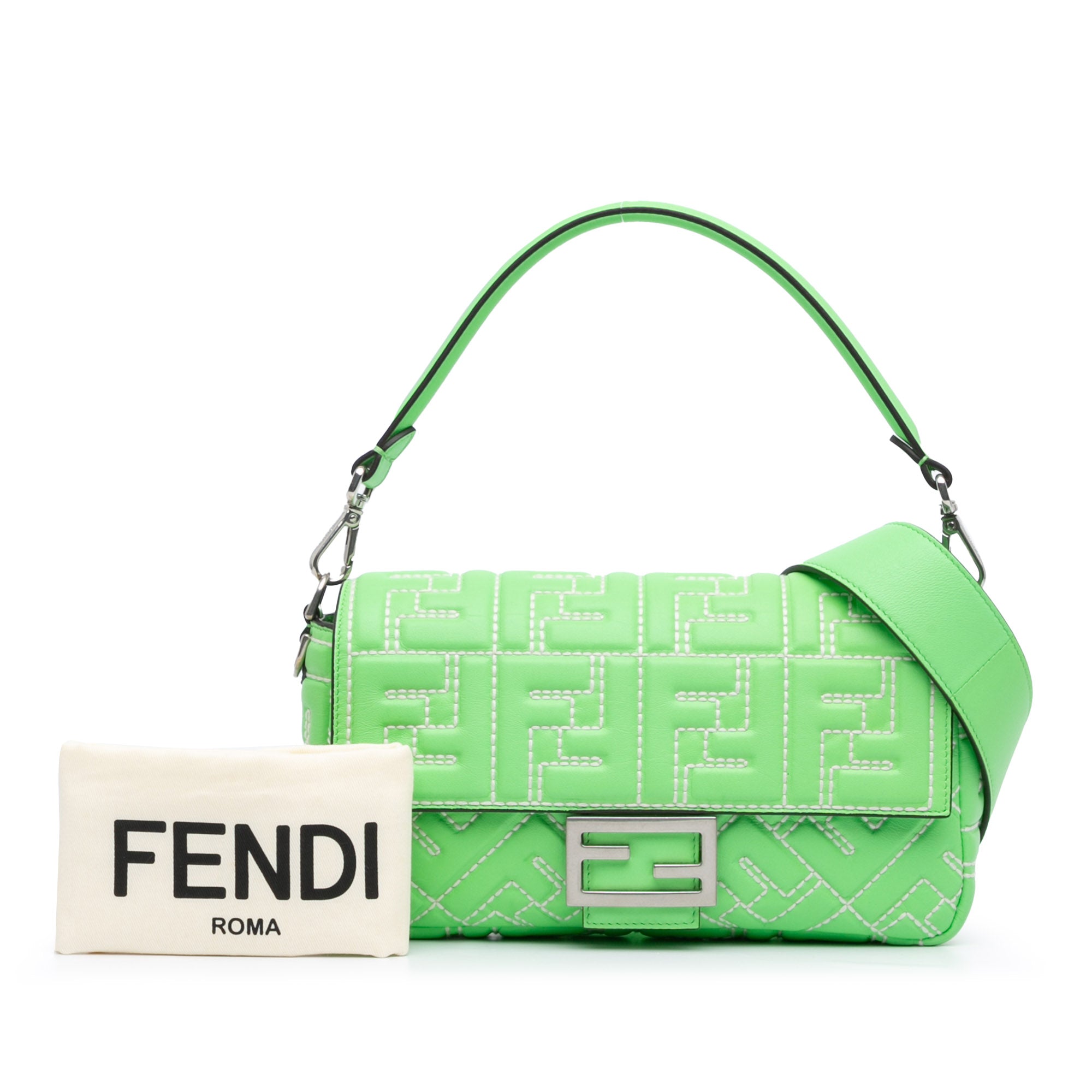 Fendi | Pre-Owned Zucca Embossed Stitched Leather Baguette Satchel - I | Green/Light Green