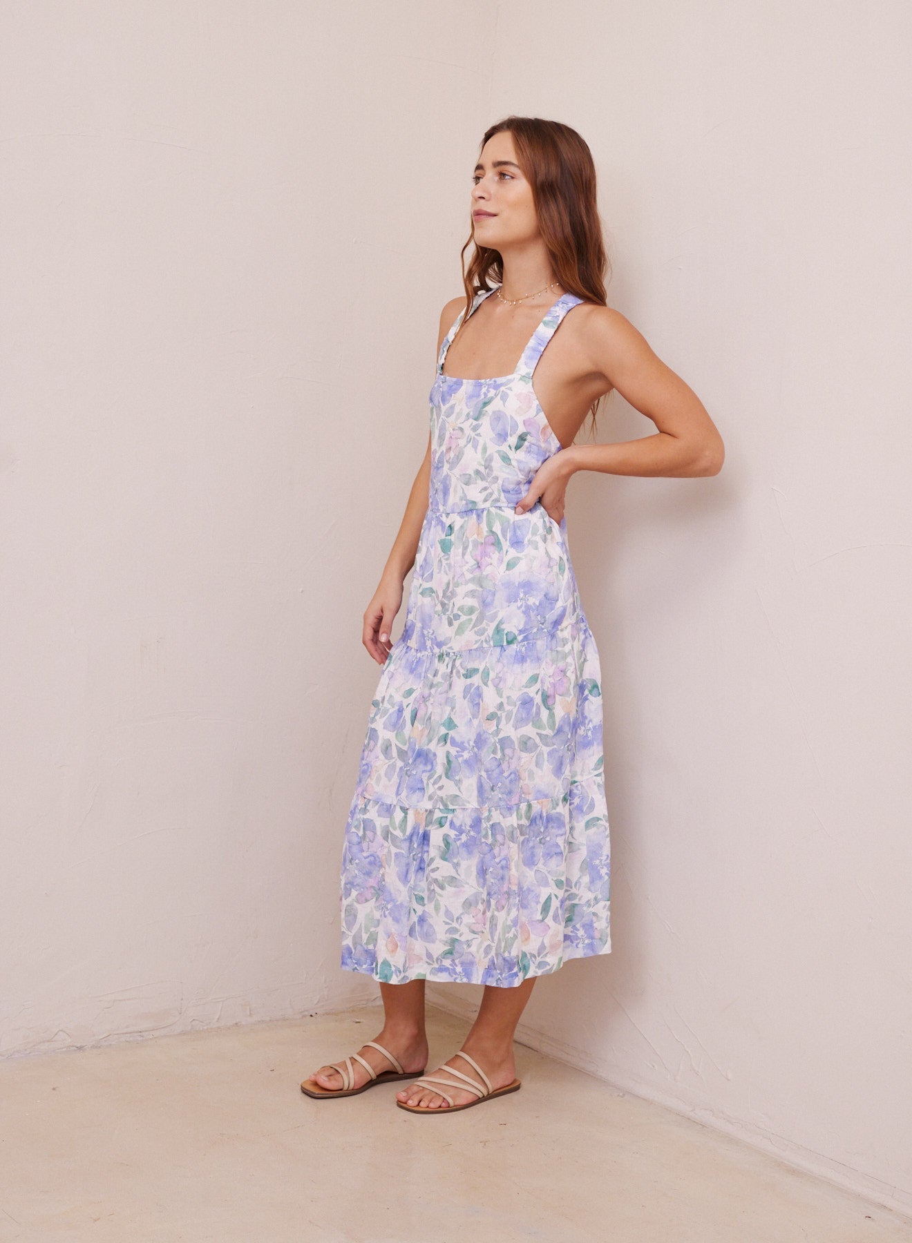 Scrunch Strap Tiered Midi Dress | Peri Jardin Print