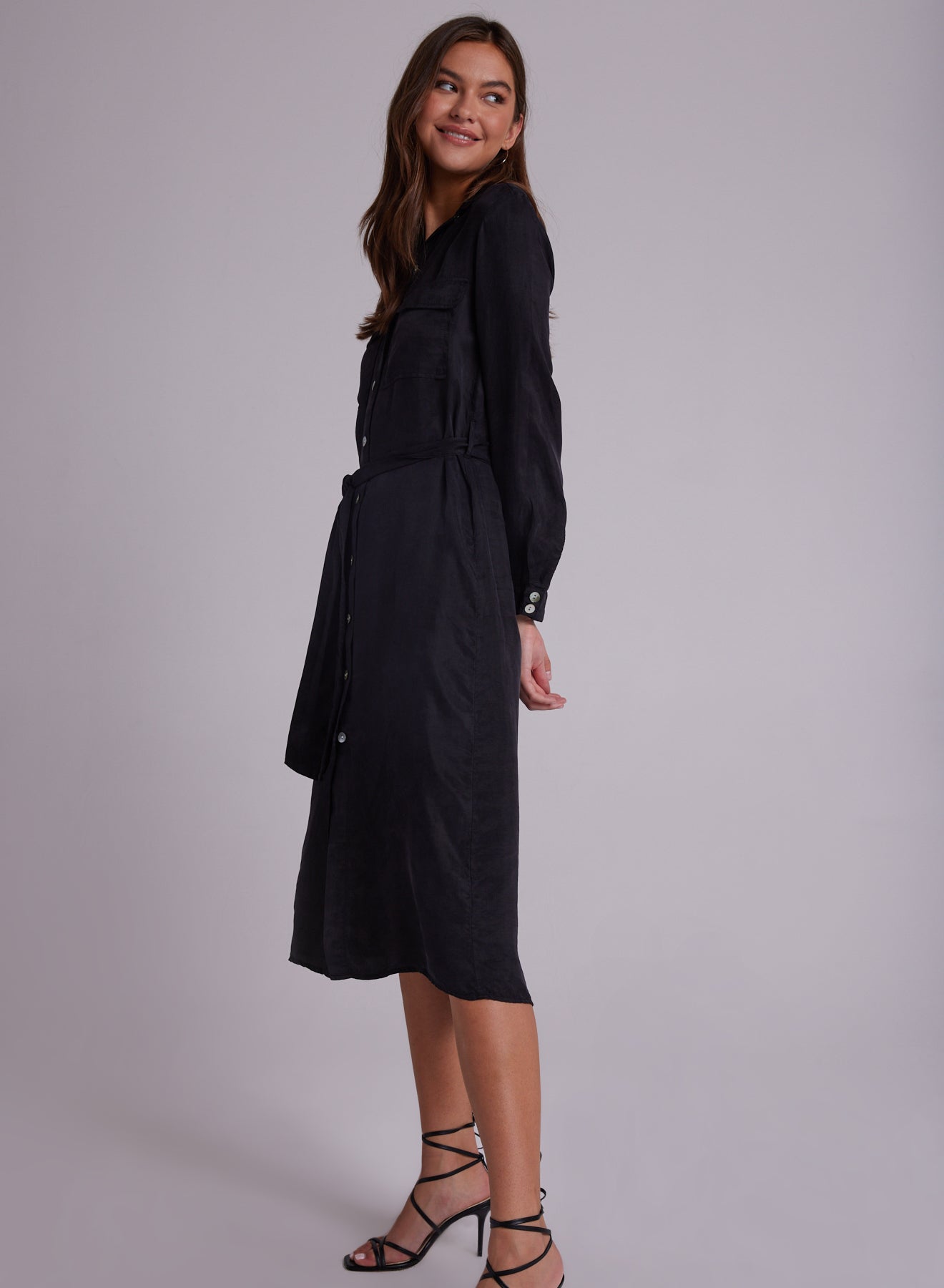 Patch Pocket Midi Shirt Dress - Black