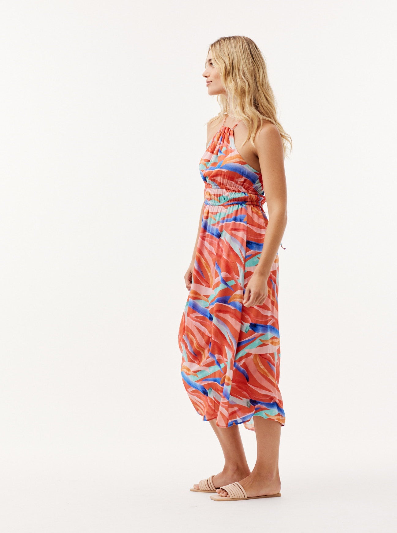 Sleeveless Elastic Waist Midi Dress | Paradiso Print