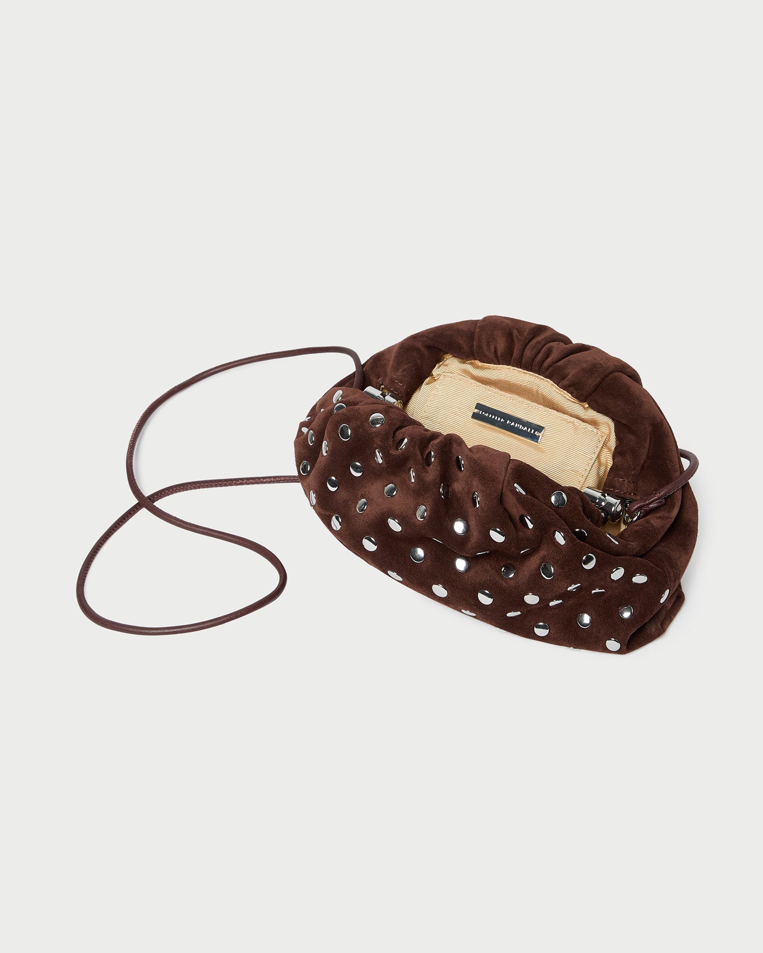 Bailey Espresso/Silver Dome Clutch in espresso suede with silver studs.