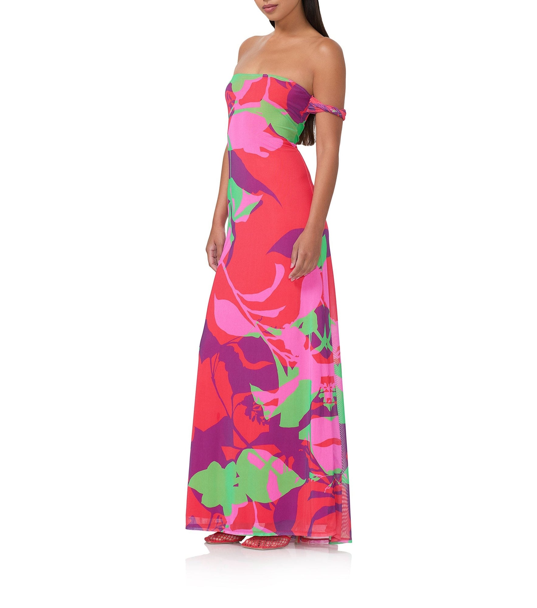 women's off the shoulder maxi dress in graphic floral print