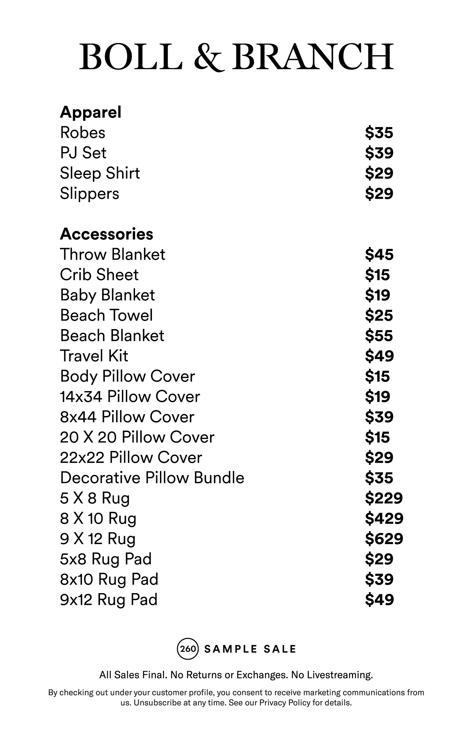 Price table