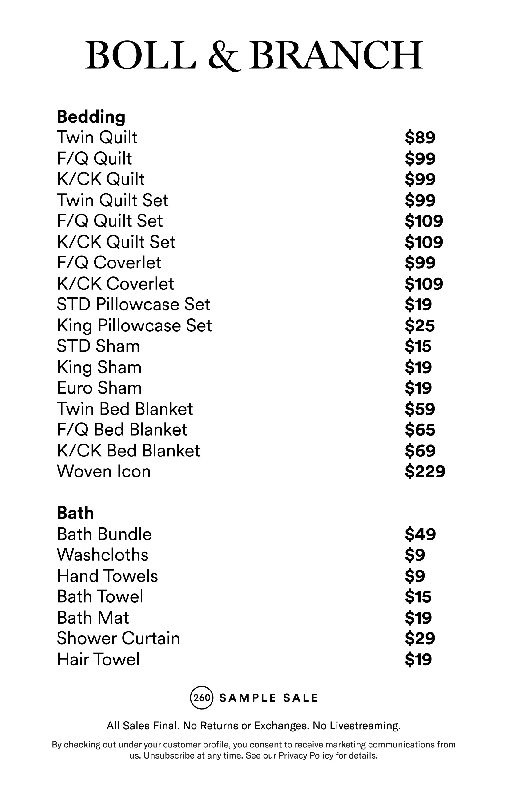 Price table