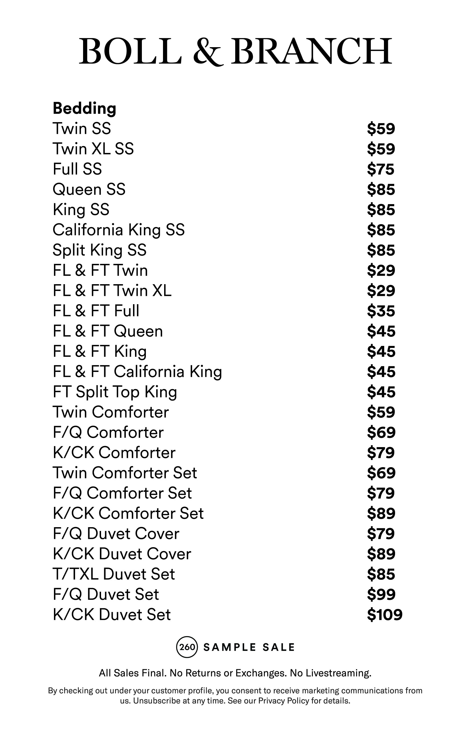 Price table