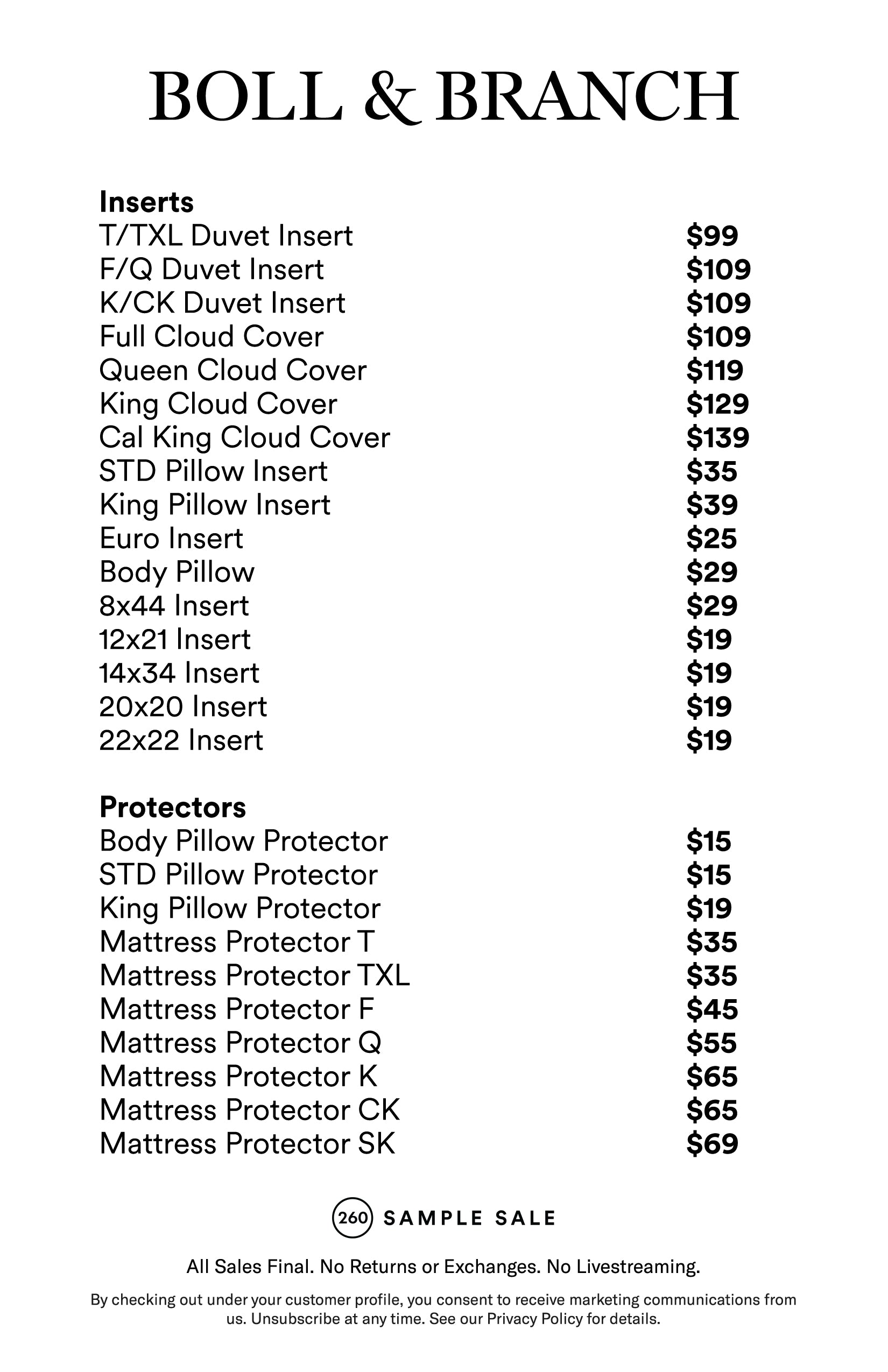 Price table