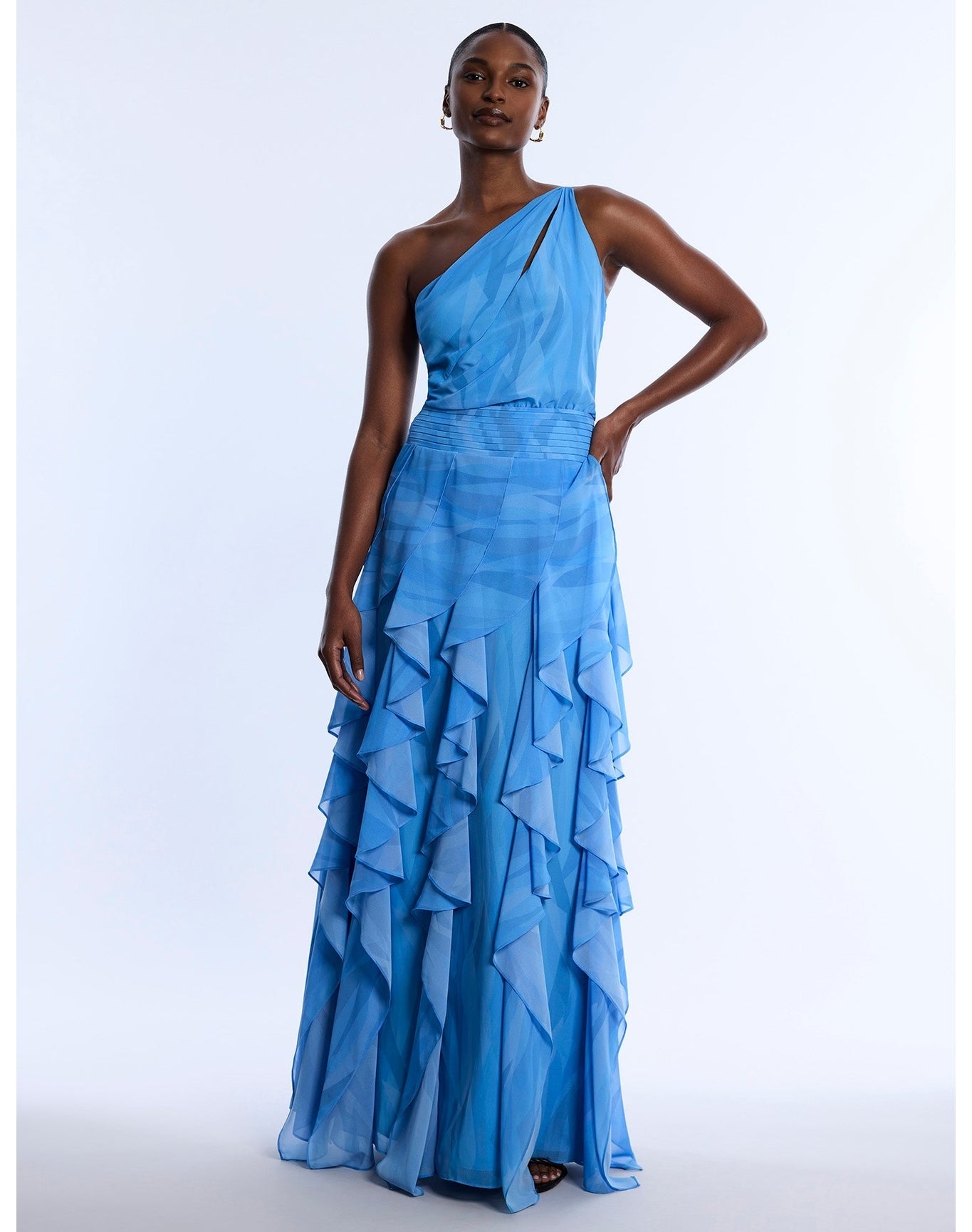 BCBG MAXAZRIA | Printed One Shoulder Gown | Cloud Crystal Waves