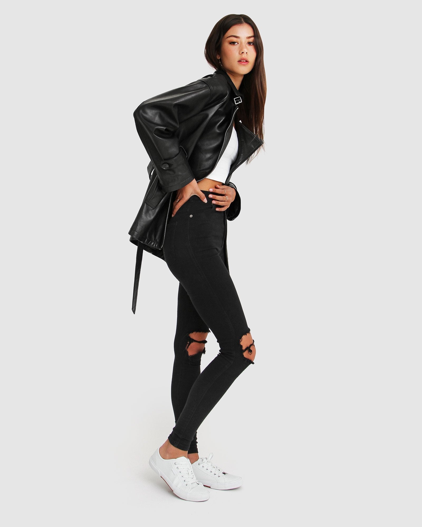 Women | BFF Belted Leather Jacket | Black