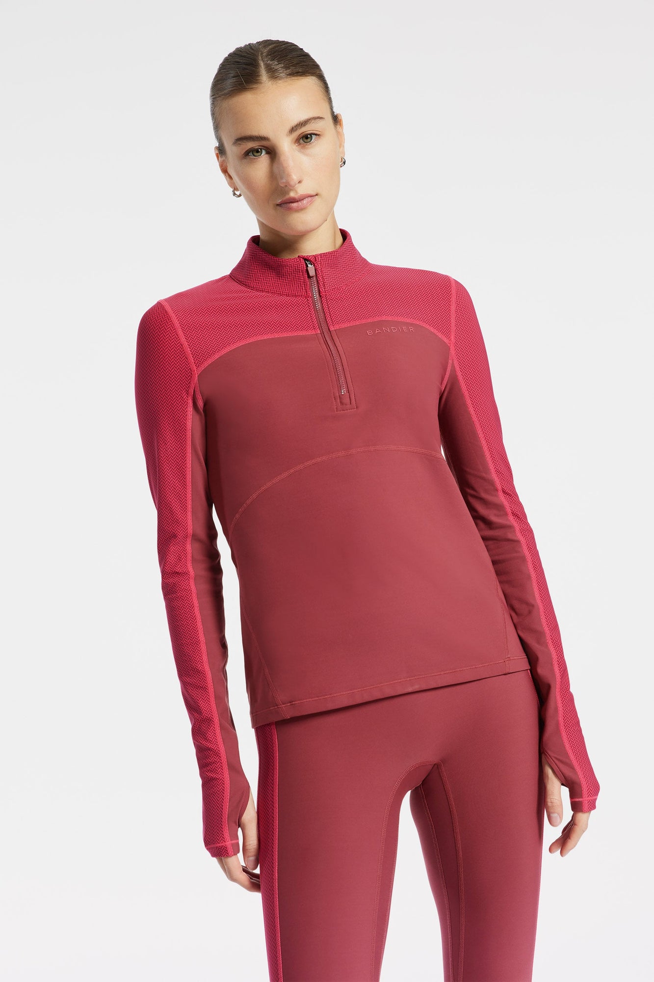 Bandier | Pro Fleece 1/4 Zip Color Block Long Sleeve Top | Cordovan/Pink Herringbone