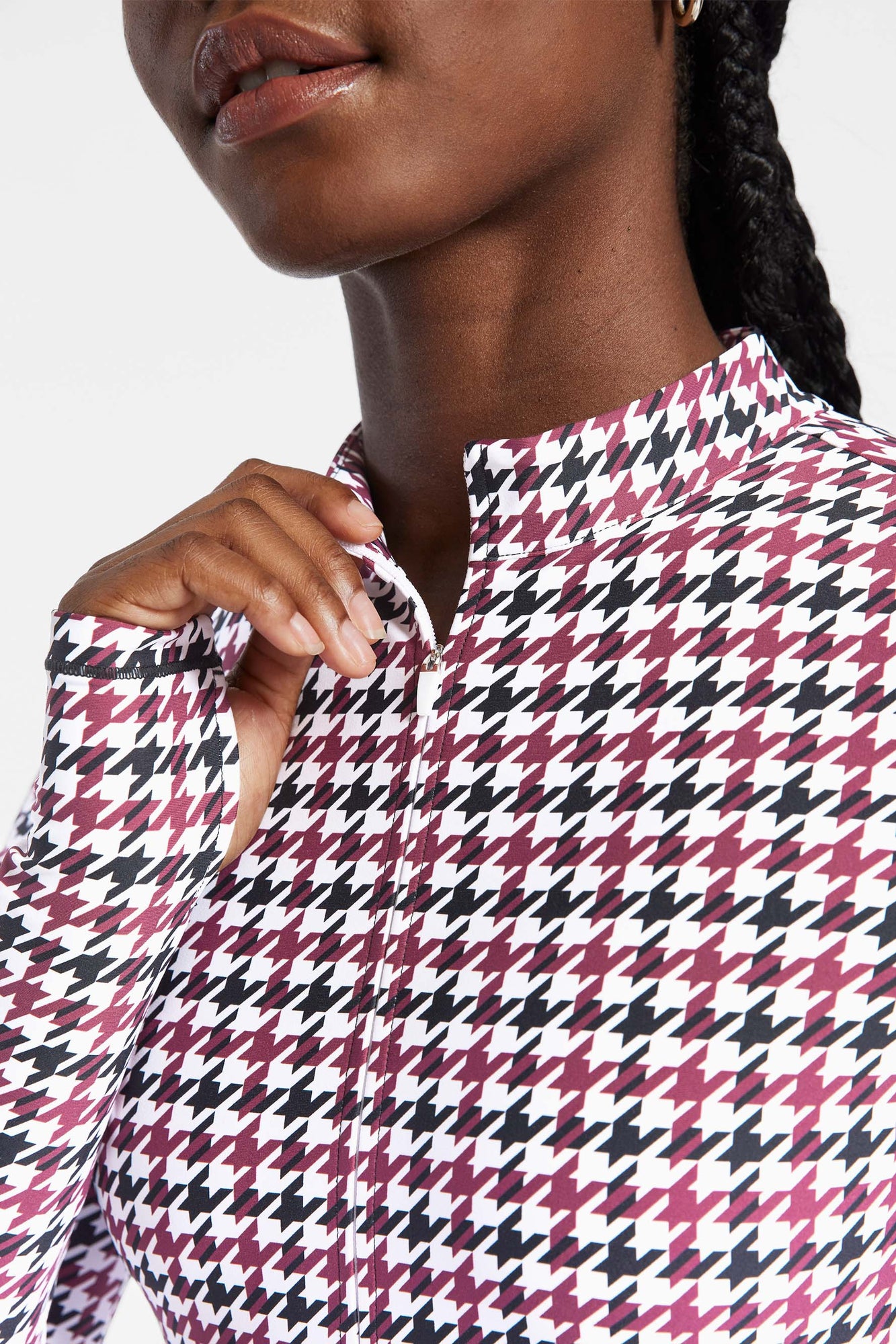 Bandier | Brio 1/4 Zip Long Sleeve Bodysuit | Cordovan Houndstooth