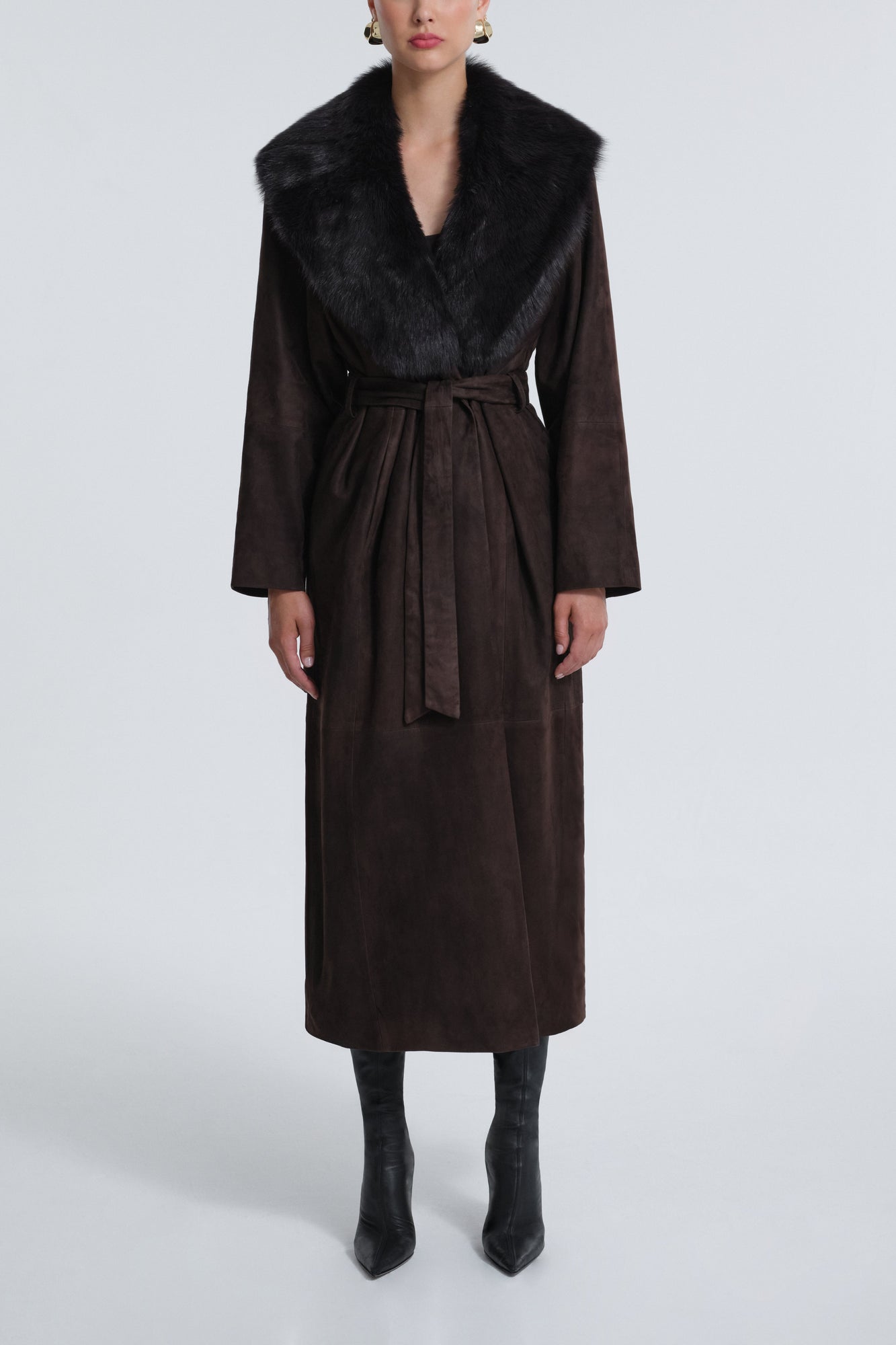 Model is Wearing Nour Hammour Briona Luxurious Suede Coat Mocha - Front