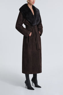 Model is Wearing Nour Hammour Briona Luxurious Suede Coat Mocha - Three Quarters 