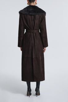 Model is Wearing Nour Hammour Briona Luxurious Suede Coat Mocha - Back