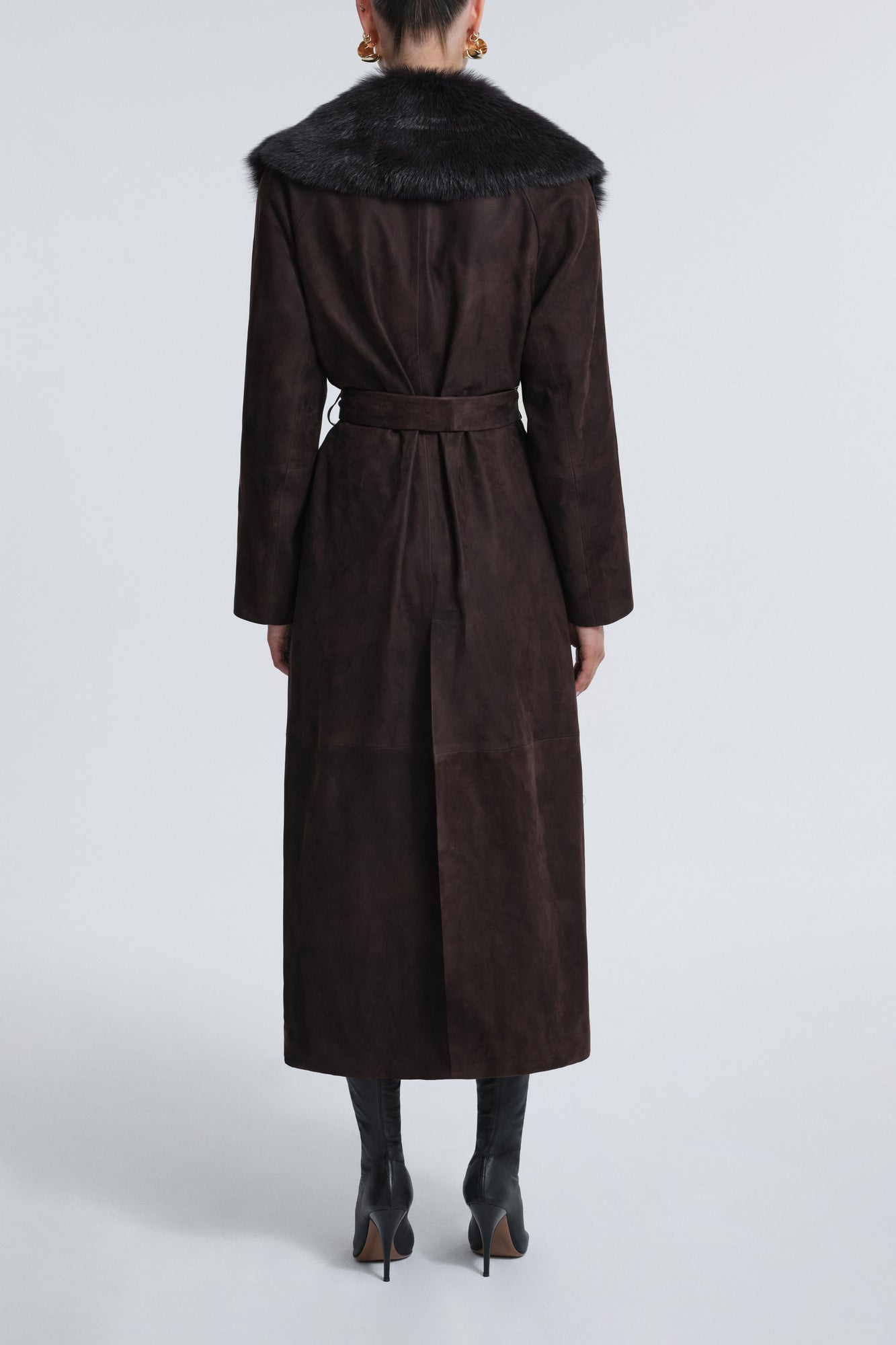 Model is Wearing Nour Hammour Briona Luxurious Suede Coat Mocha - Back