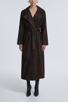 Model is Wearing Nour Hammour Briona Luxurious Suede Coat Mocha - Front Collarless 