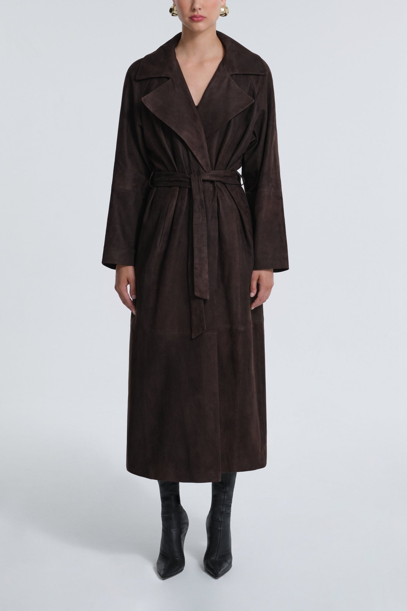 Model is Wearing Nour Hammour Briona Luxurious Suede Coat Mocha - Front Collarless 