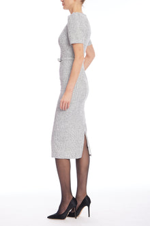 Badgley Mischka | Speckled Knit Lace-Up Neck Midi Dress | White Black