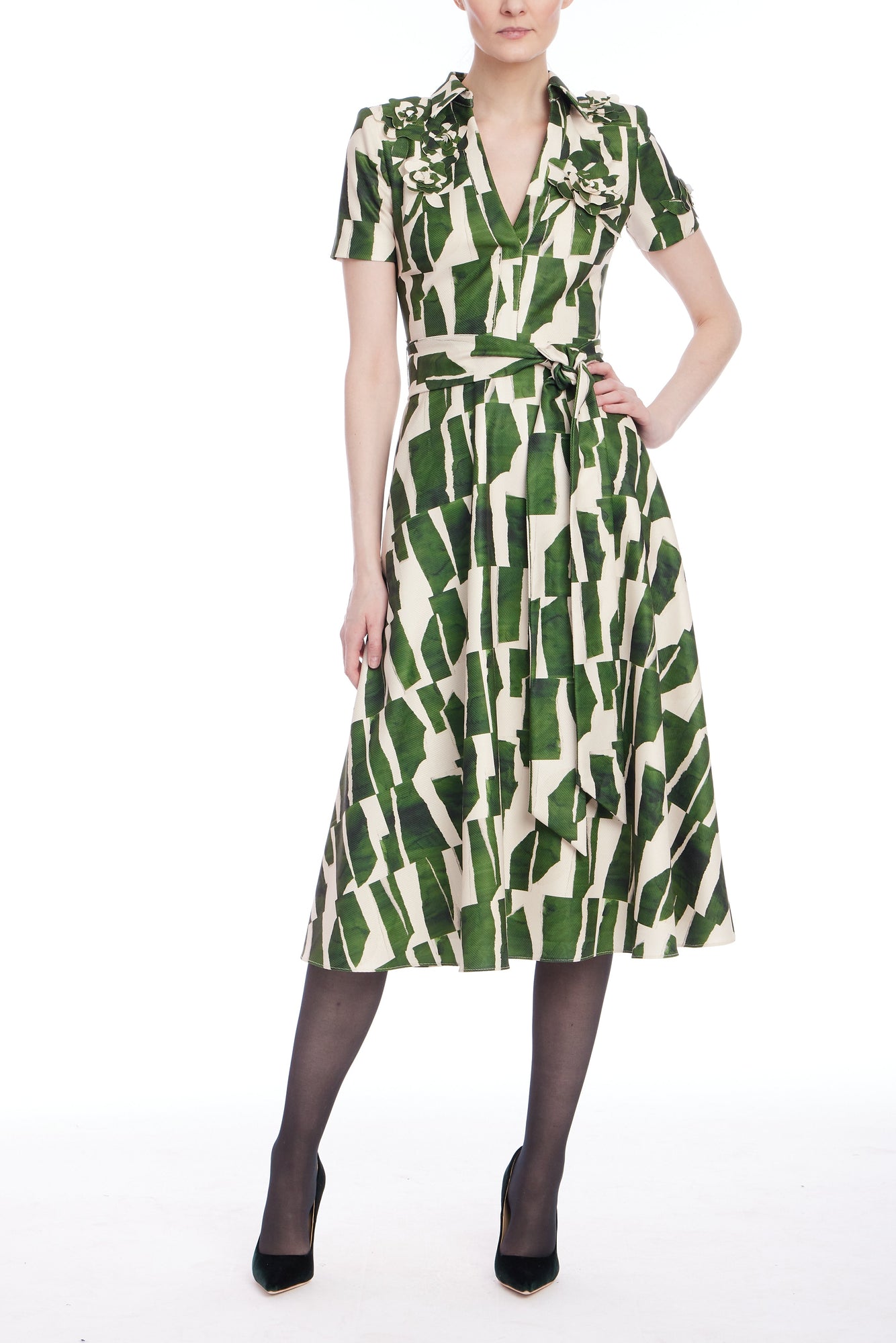 Badgley Mischka | Geometric Print Midi Shirtdress with Tie Waist | Emerald Multi