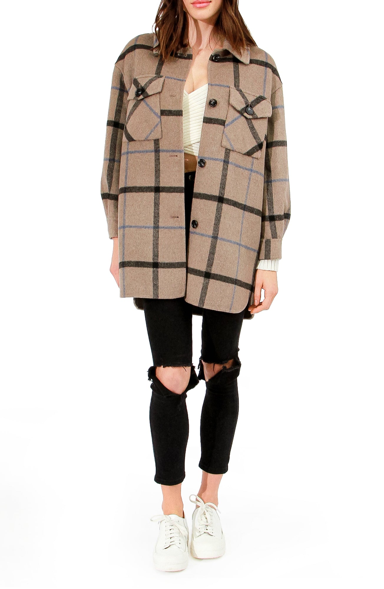 Women | Back Together Wool Blend Belted Shacket | Oat Plaid