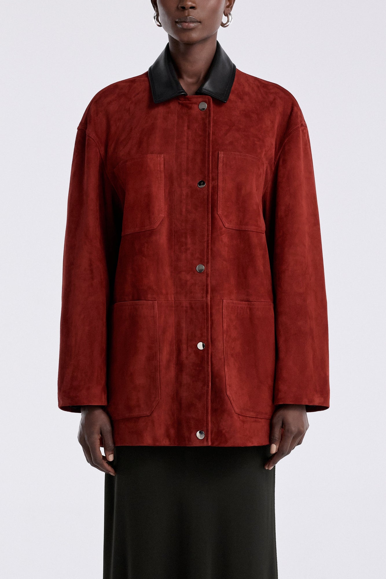 Model is wearing Nour Hammour Barn Modern Suede Jacket Rouge - Front Closed