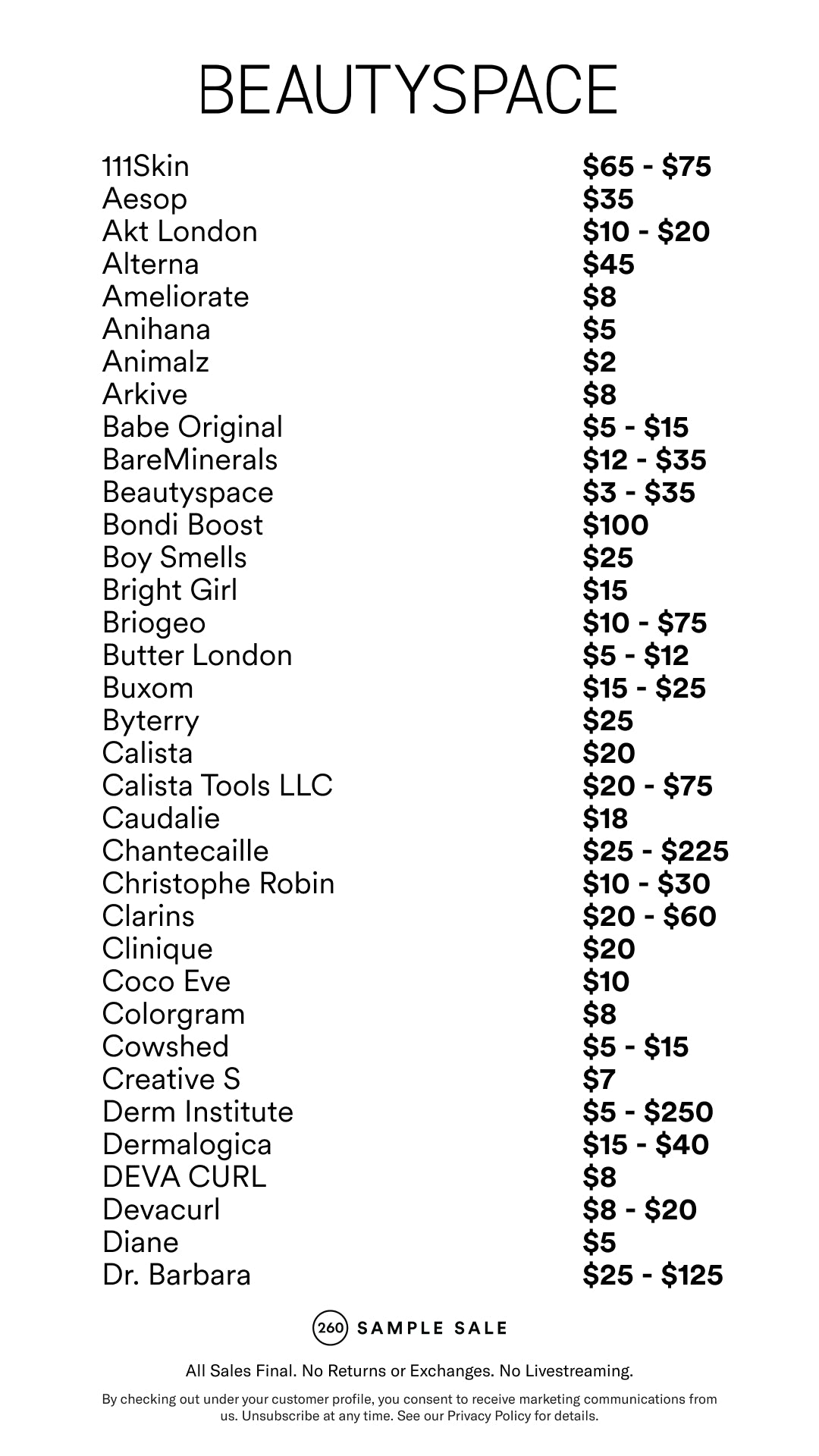 Price table
