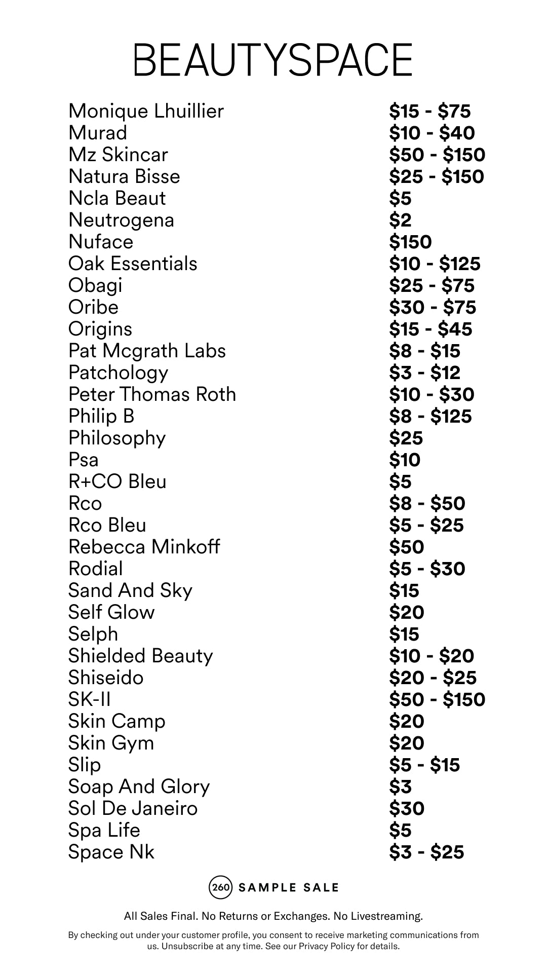 Price table