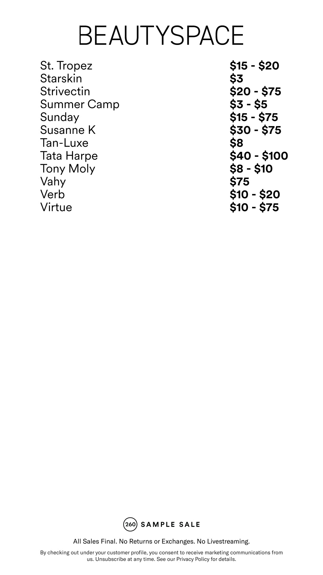 Price table