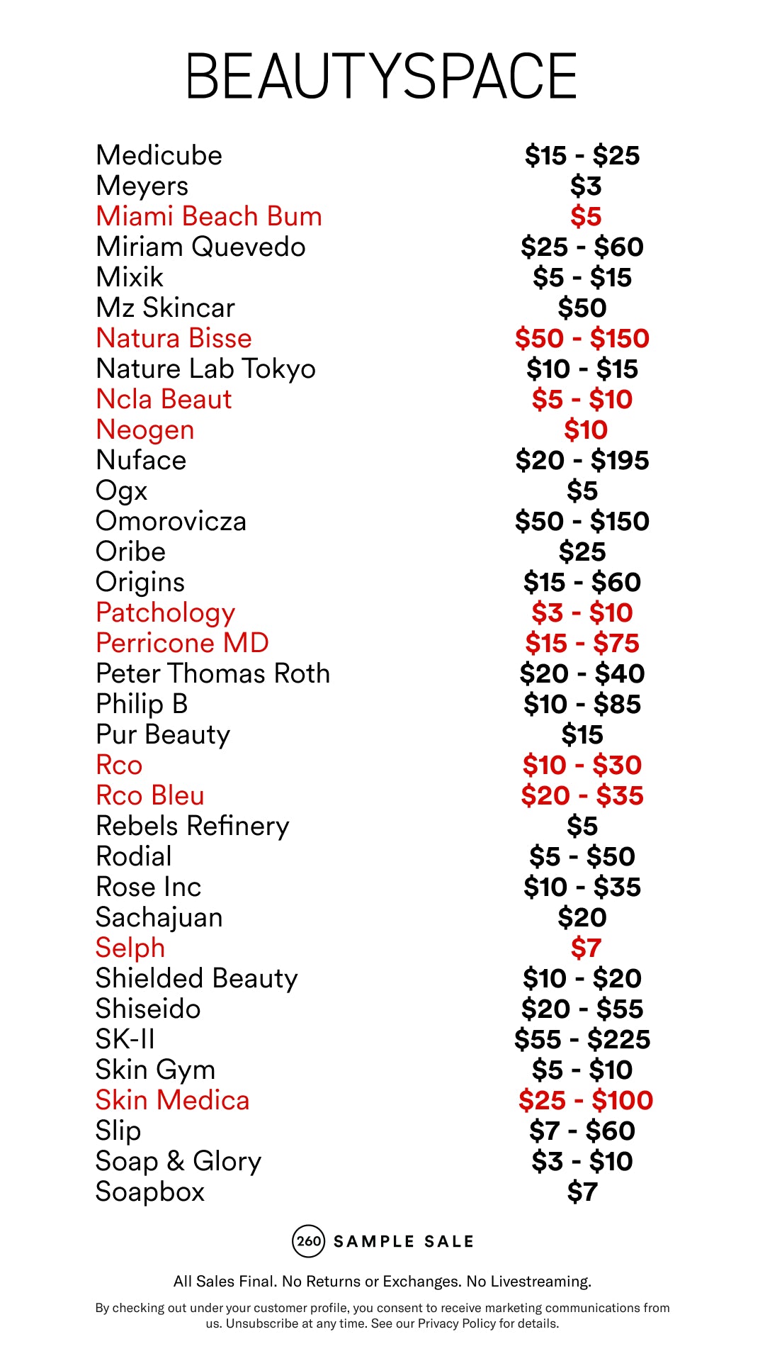 Price table