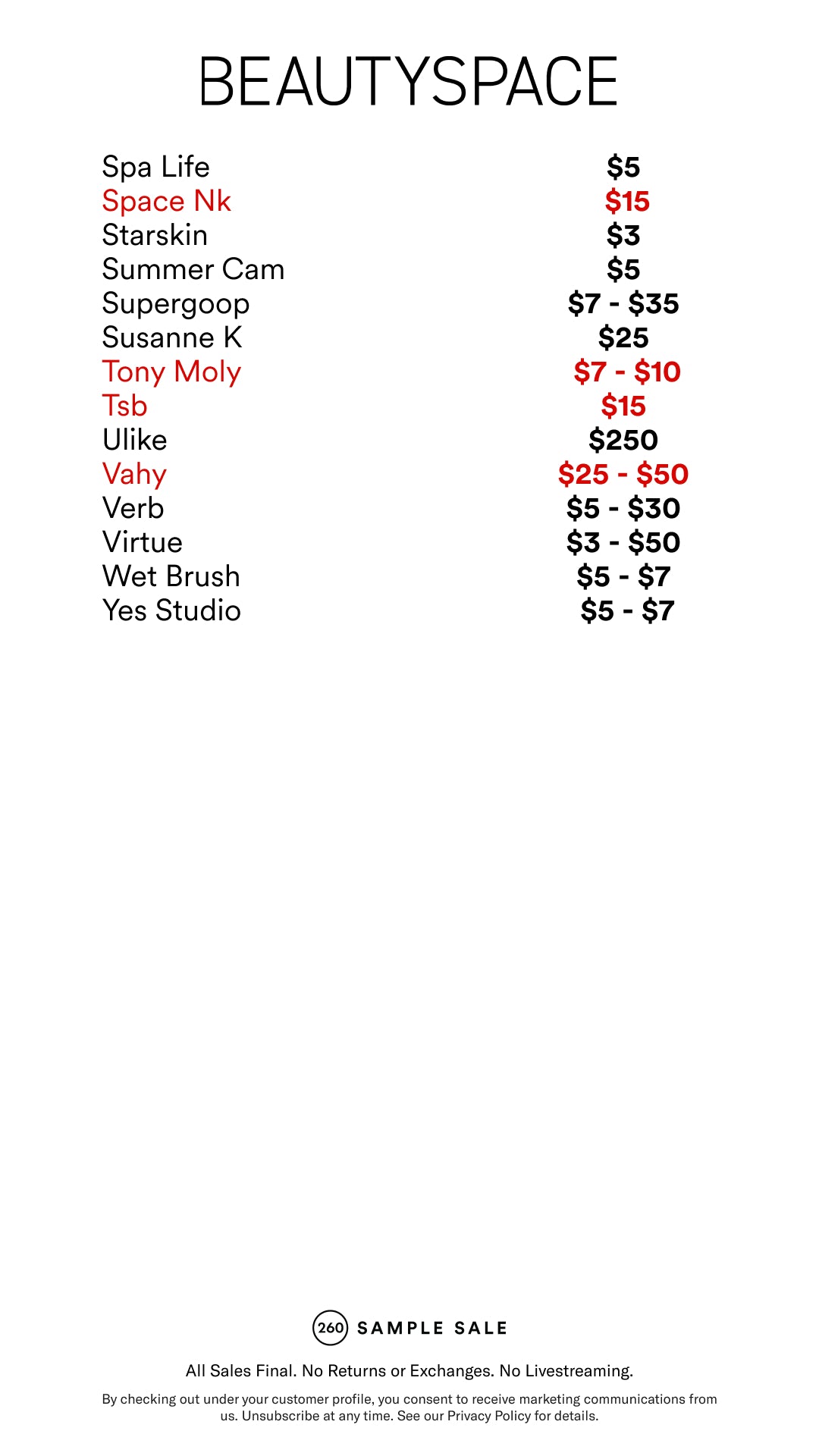 Price table
