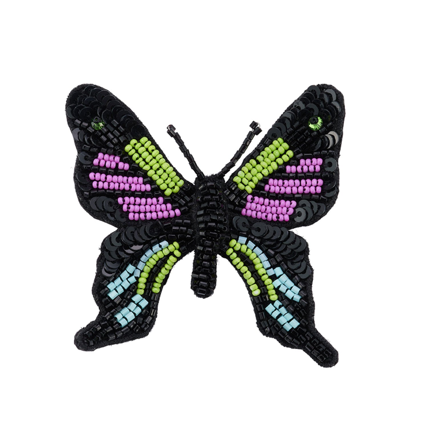 Black, Neon Green, Purple, and Blue Beaded Butterfly Brooch on Flat White Background